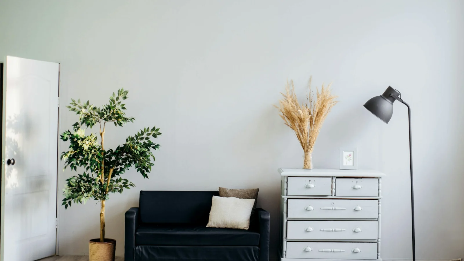 Minimal living room with a dark sofa and a single floor lamp