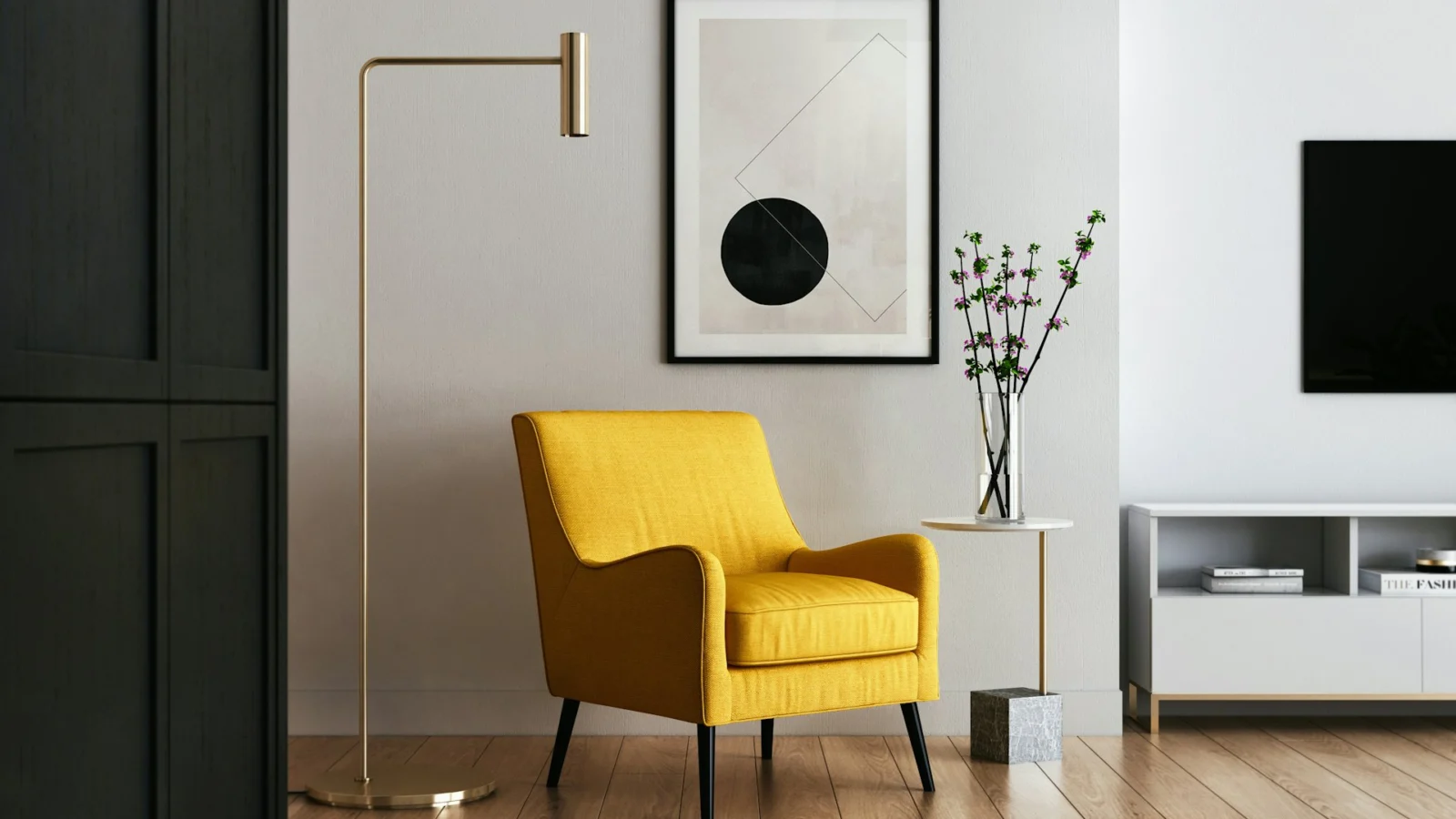 Bright living room with a yellow armchair, white walls and wooden floor