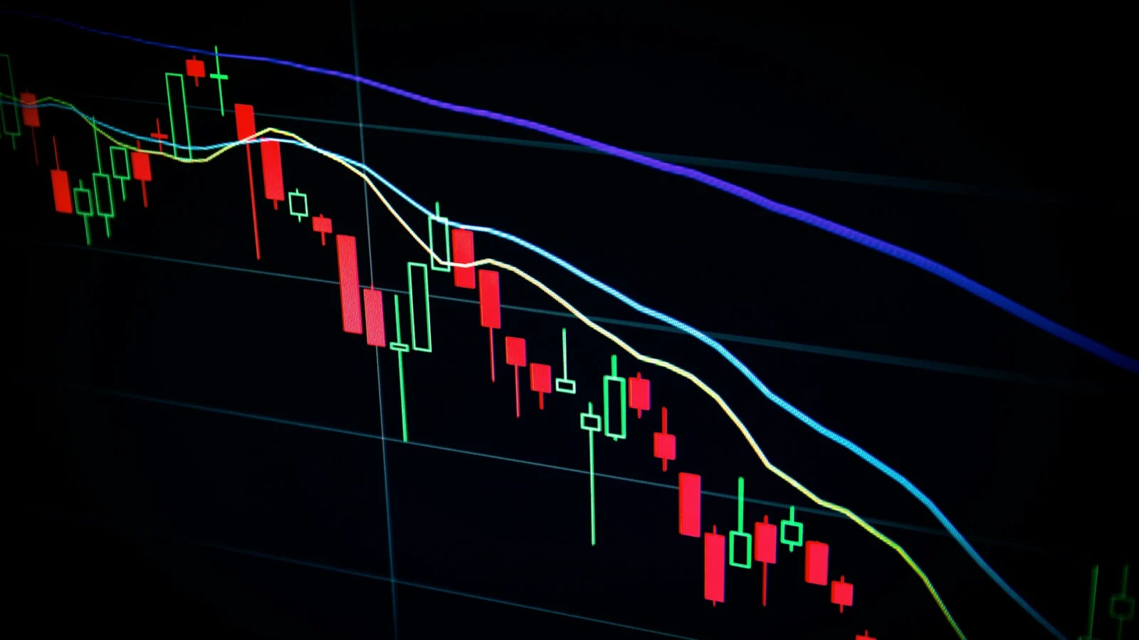Candlestick stock chart in red and green on a dark screen